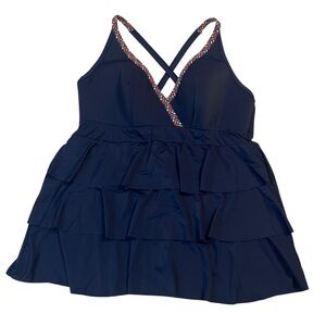 Cacique Women's Plus 14‎ Navy Ruffle Tankini Swim Top Rainbow Straps Adjustable